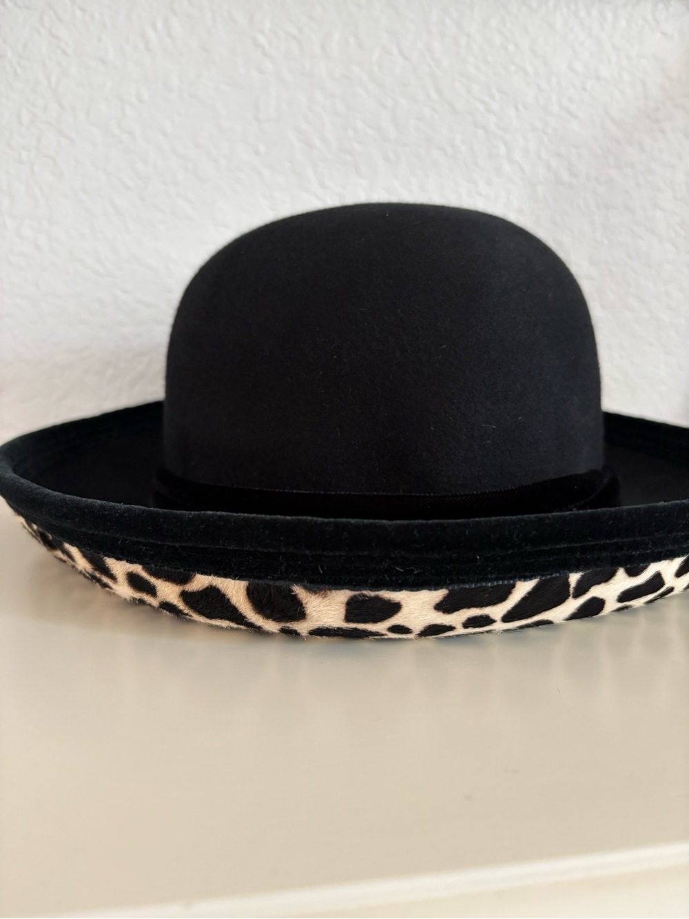 Black Bowler Hat with Leopard Trim - Women's Fashion Hat